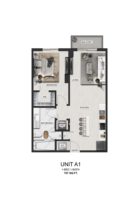Floor plan for 1 bed, 1 bath, 757 sqft